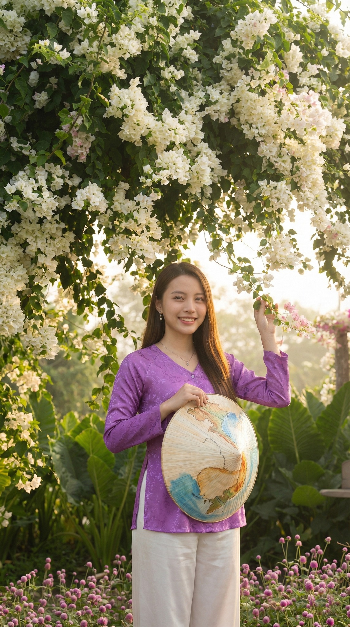 Chụp ảnh bên giàn hoa giấy trắng