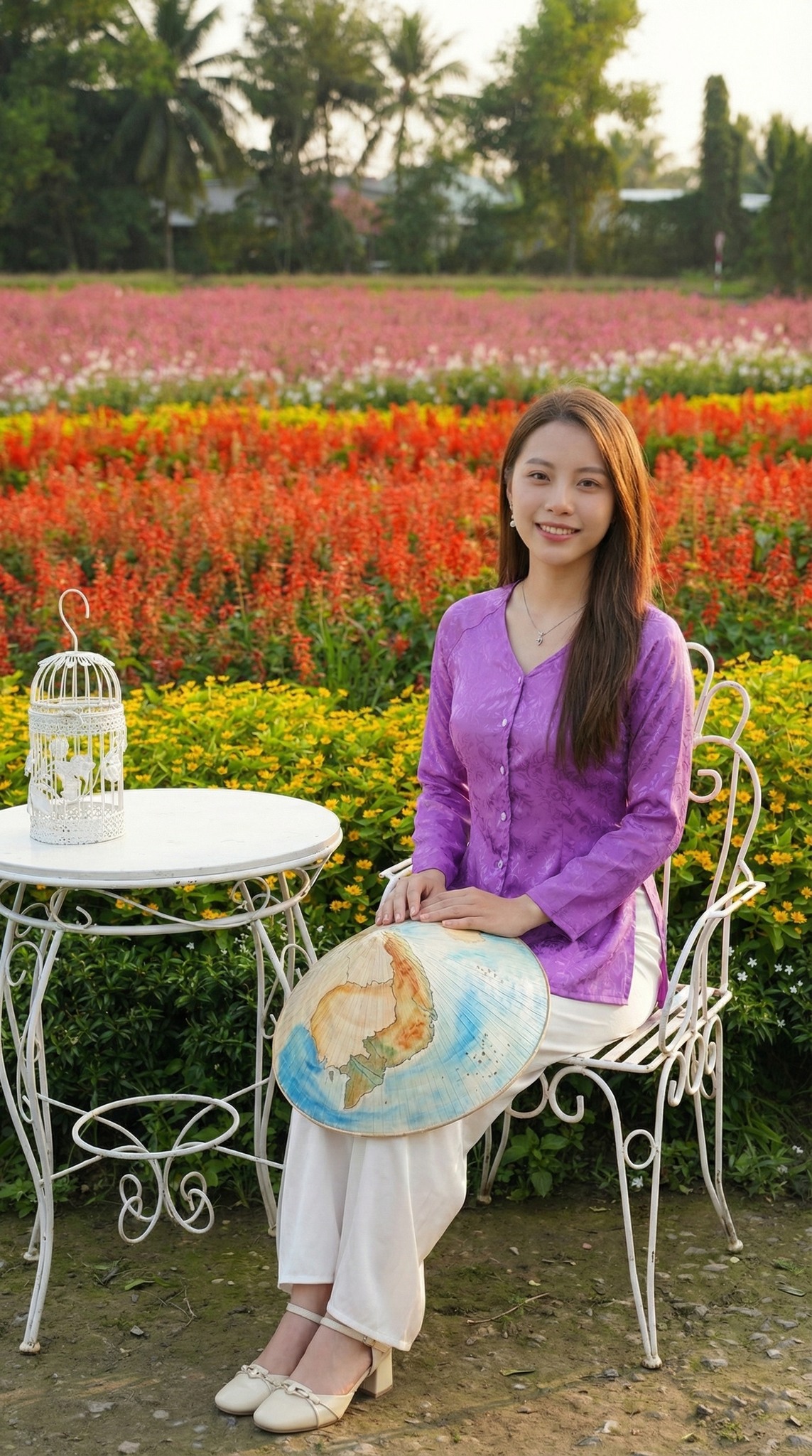 Ngồi ghế nghỉ chân giữa vườn hoa
