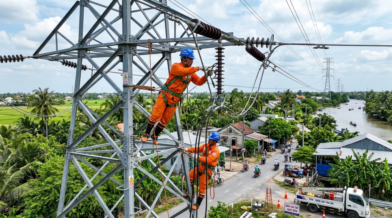 Công nhân điện lực bảo trì, sửa chữa lưới điện tại xã Trung Thành, huyện Vũng Liêm