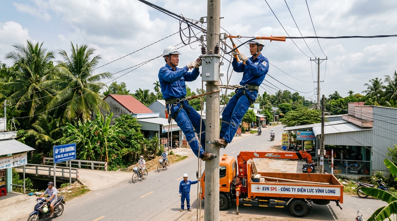 Công nhân điện lực đang thực hiện công tác bảo trì, nâng cấp đường dây điện tại Tam Bình