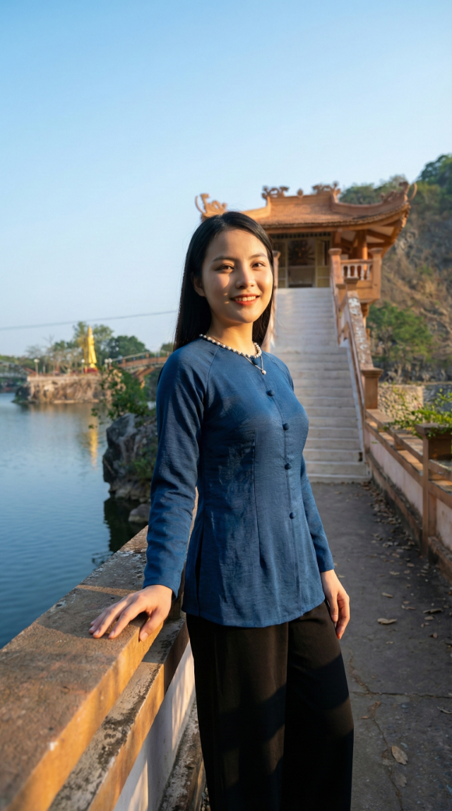 Chụp ảnh với cầu thang dẫn lên đền