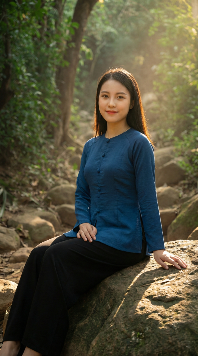 Ngồi nghỉ ngơi trên phiến đá