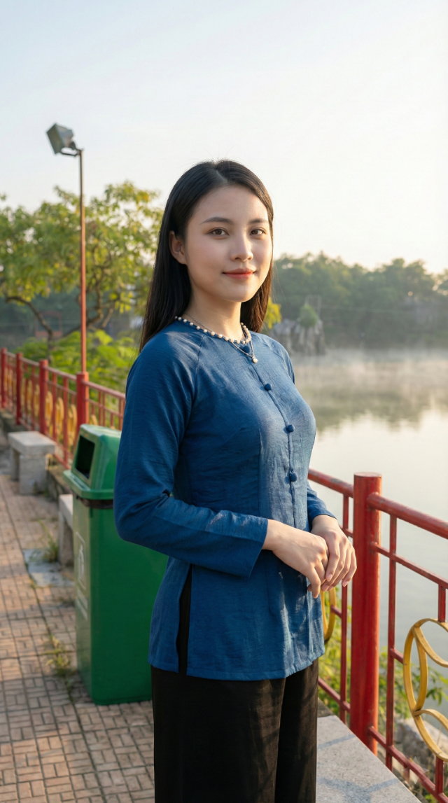 Bên lan can đỏ ven hồ tĩnh lặng