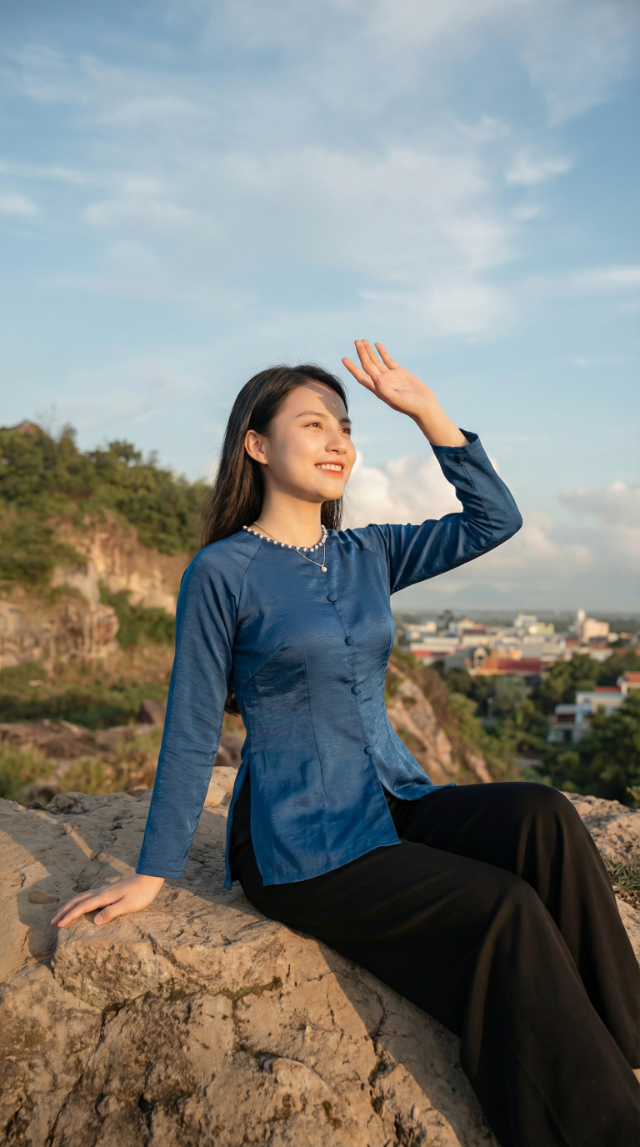 Đưa tay che nắng trên mỏm đá cao