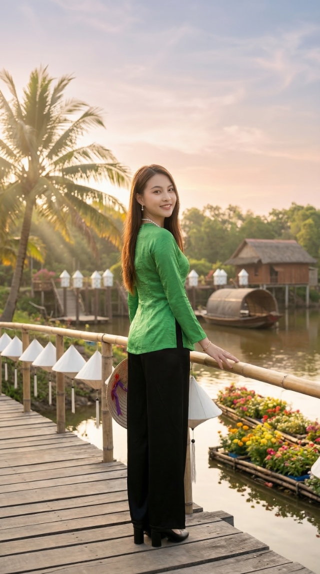 Tạo dáng với nón lá trên cầu gỗ