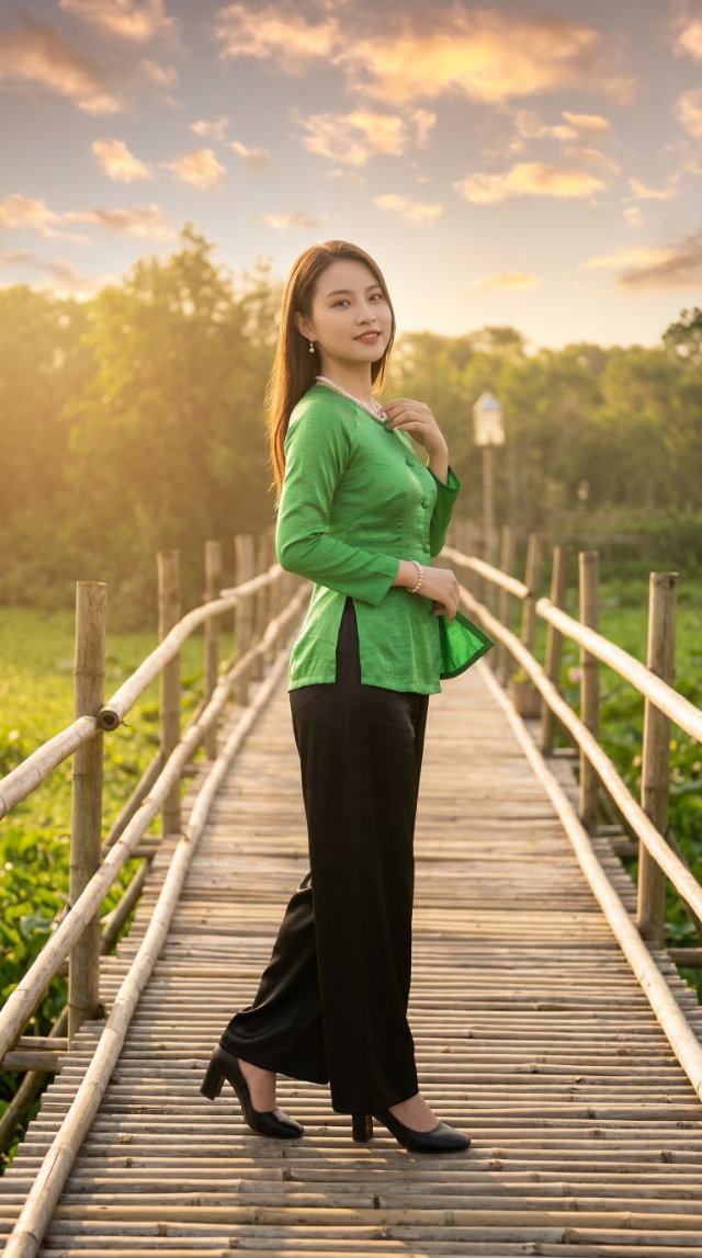 Cô gái dạo bước trên cầu tre Rừng tràm Trà Sư