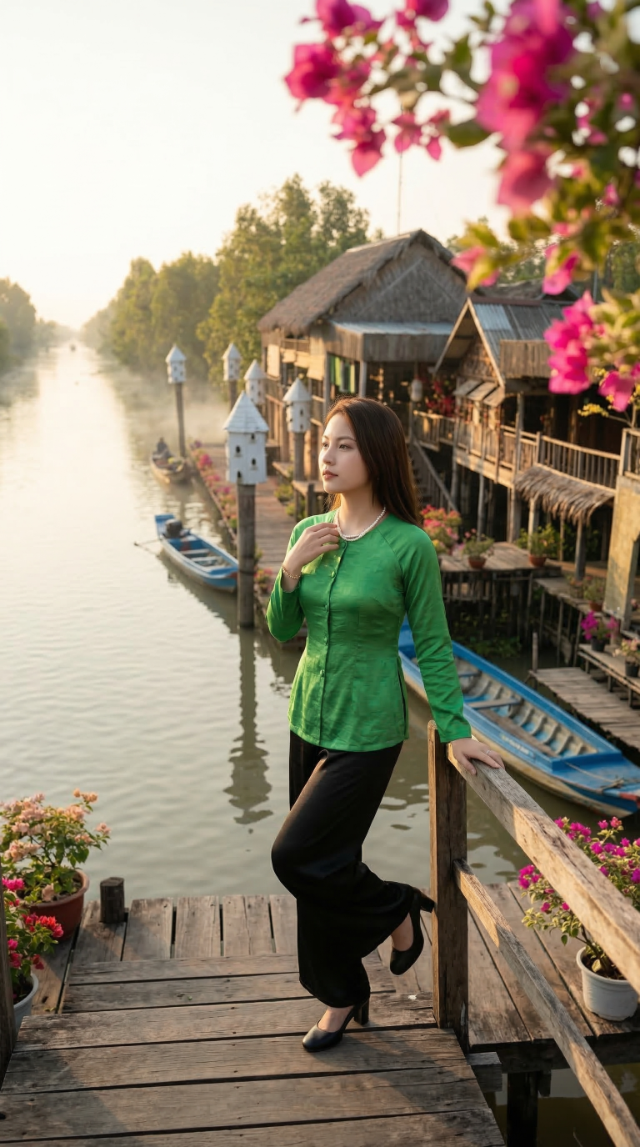 Cô gái đứng trên bến thuyền ngắm cảnh kênh rạch
