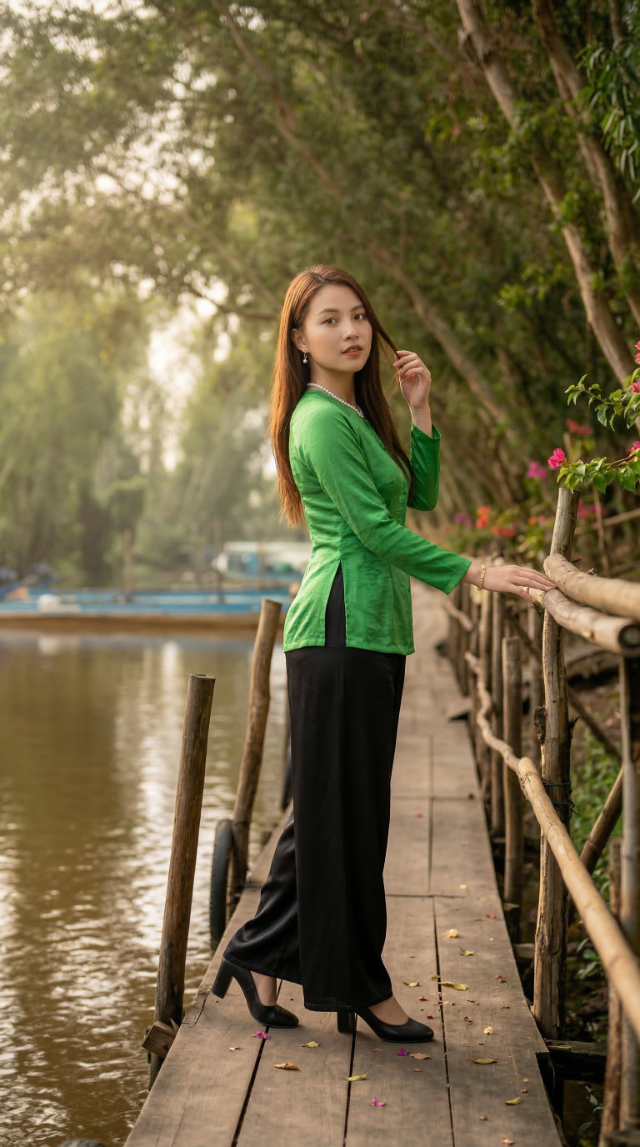 Cô gái tựa lan can cầu gỗ ngắm cảnh