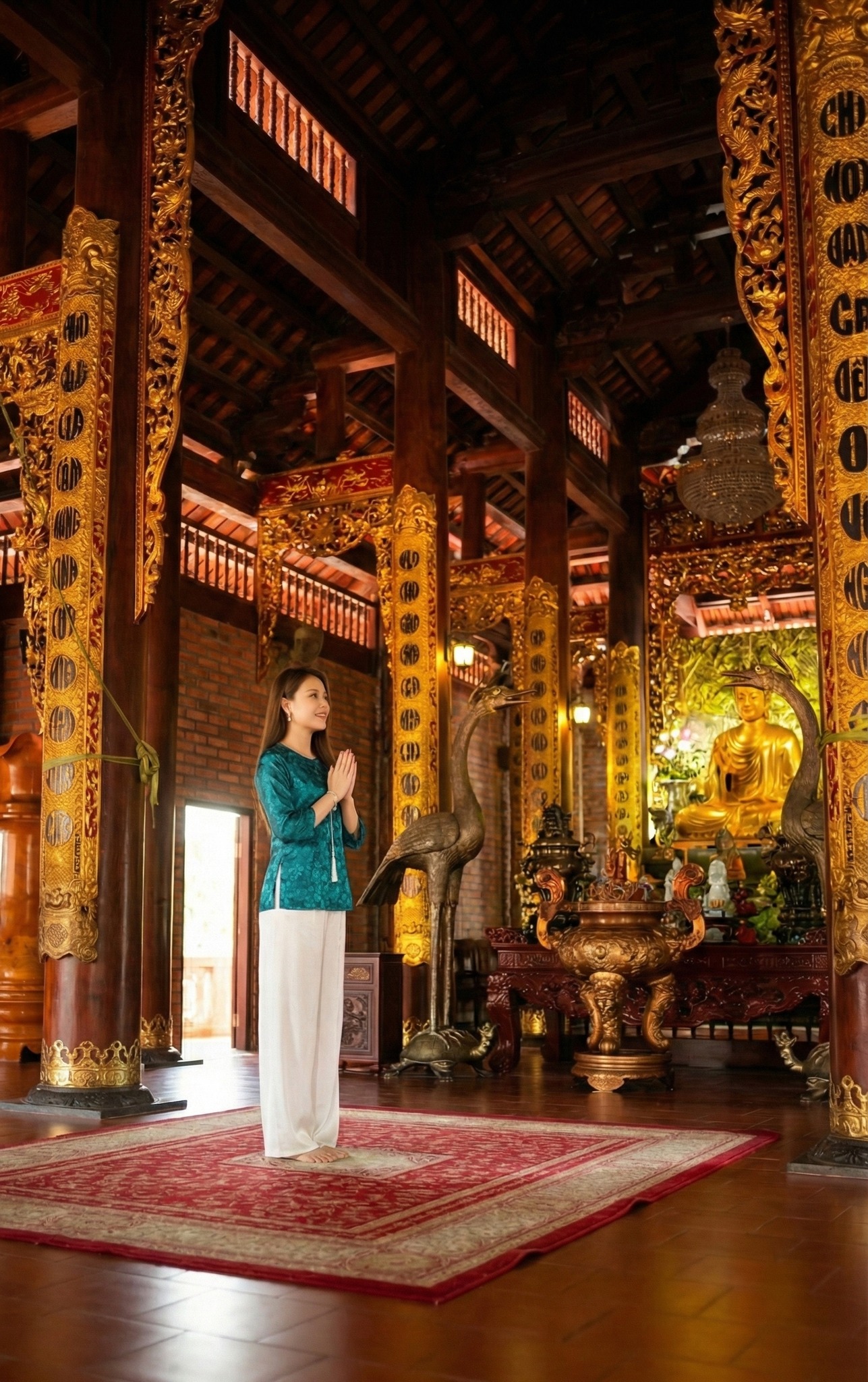 Kiến trúc nội thất gỗ lim bên trong chánh điện