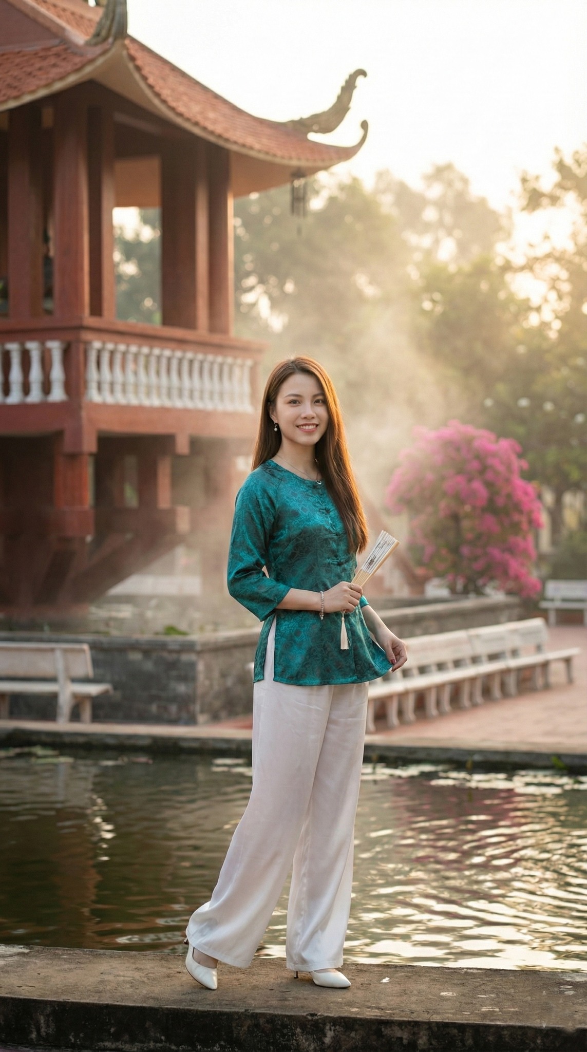 Duyên dáng áo bà ba bên hồ nước