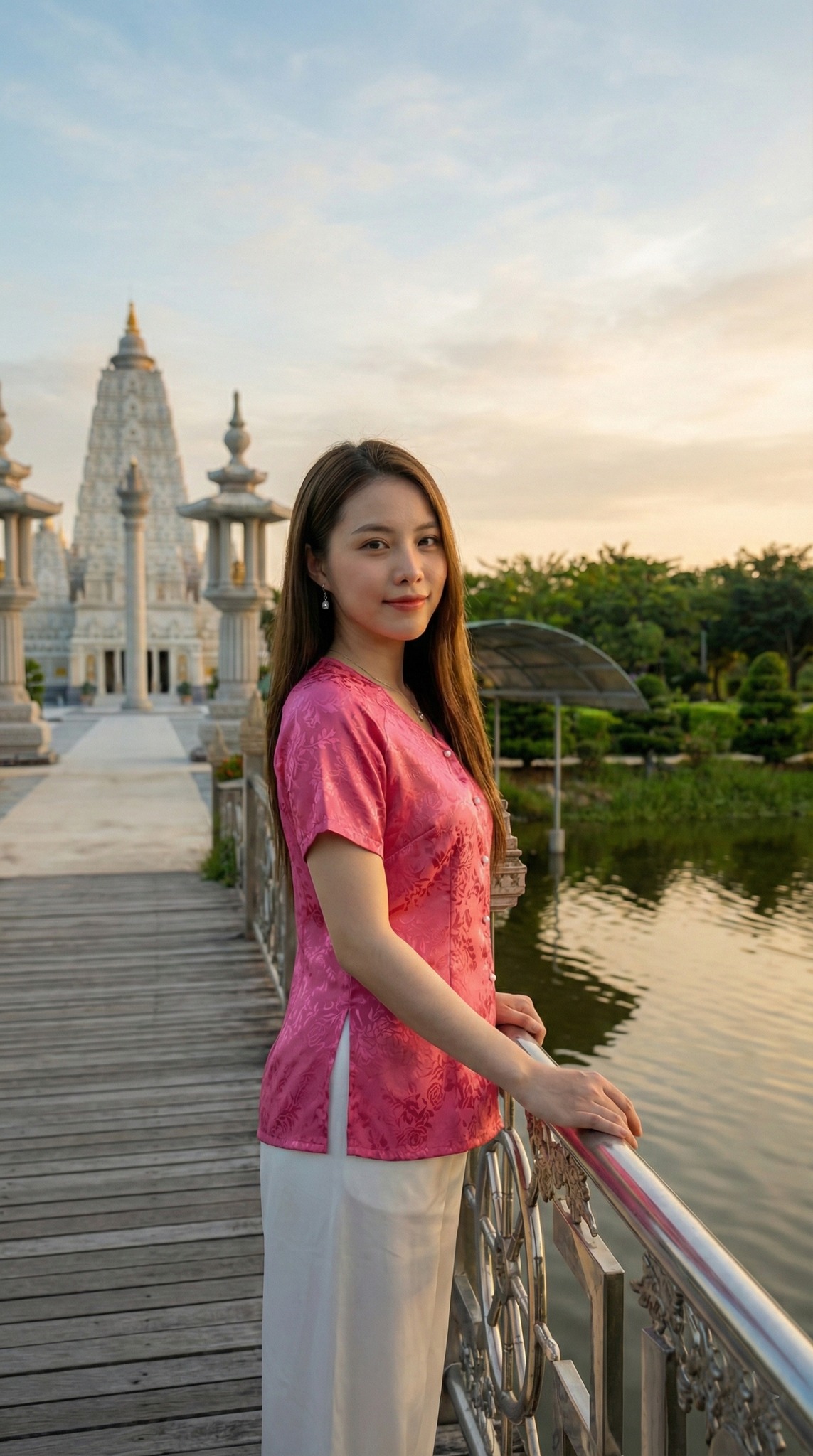 Tạo dáng trên cầu gỗ nhìn ra hồ nước