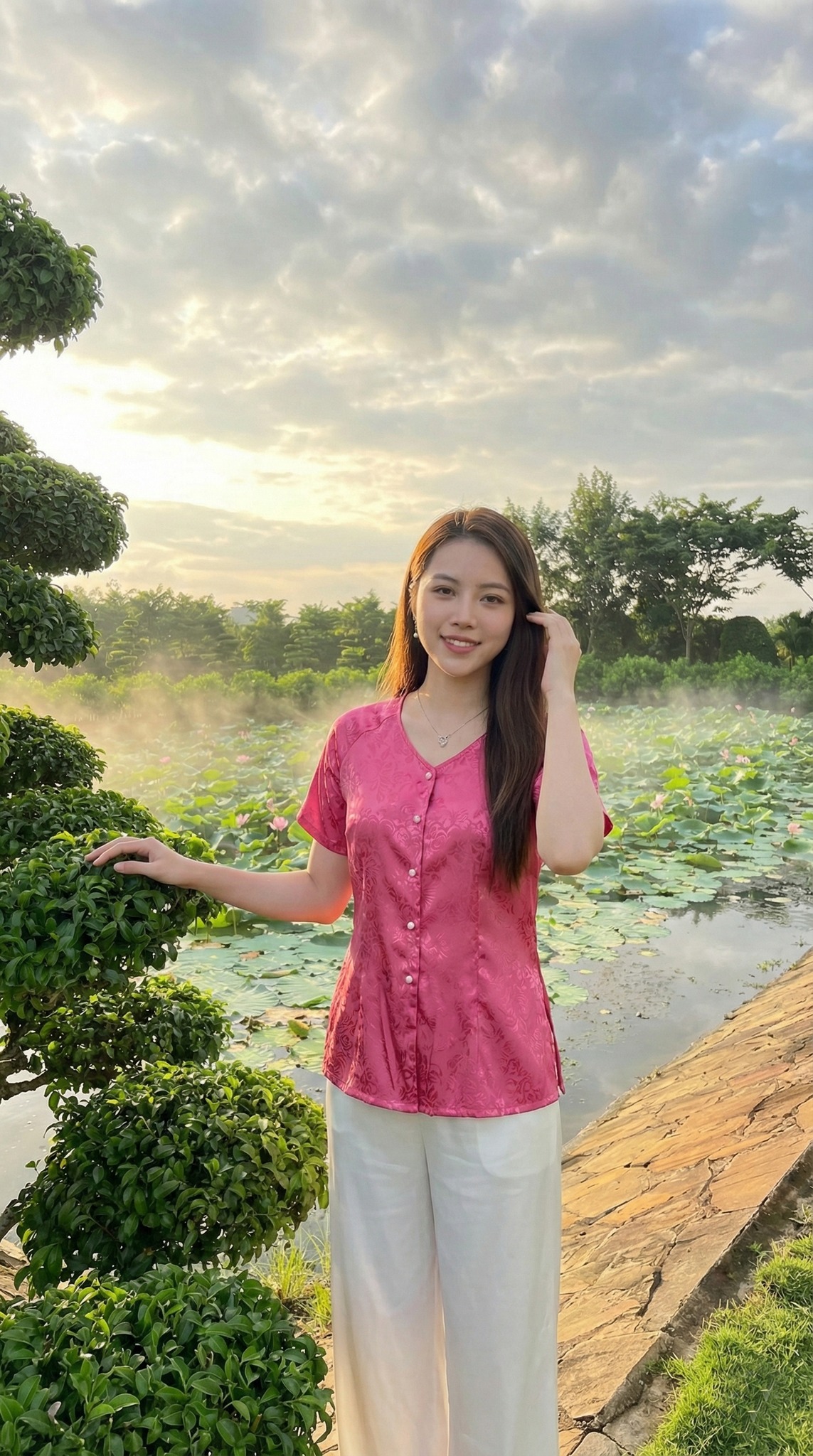 Tạo dáng bên hồ sen mờ sương