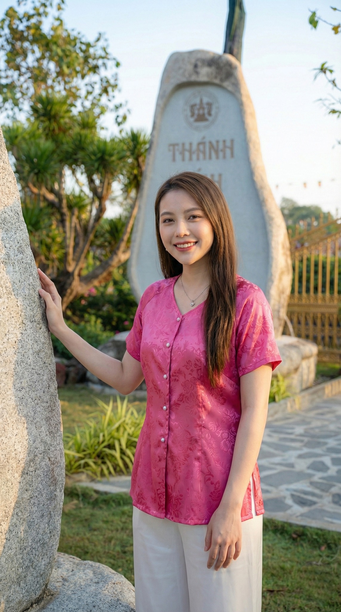 Tạo dáng bên bia đá Thánh Tích