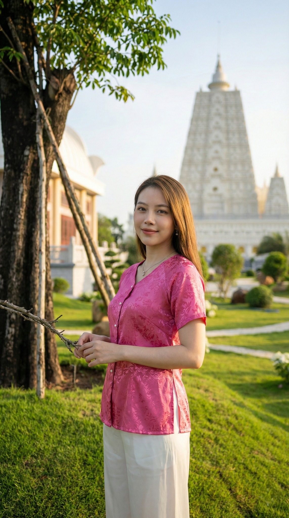 Chắp tay nguyện cầu trước tháp Bồ Đề