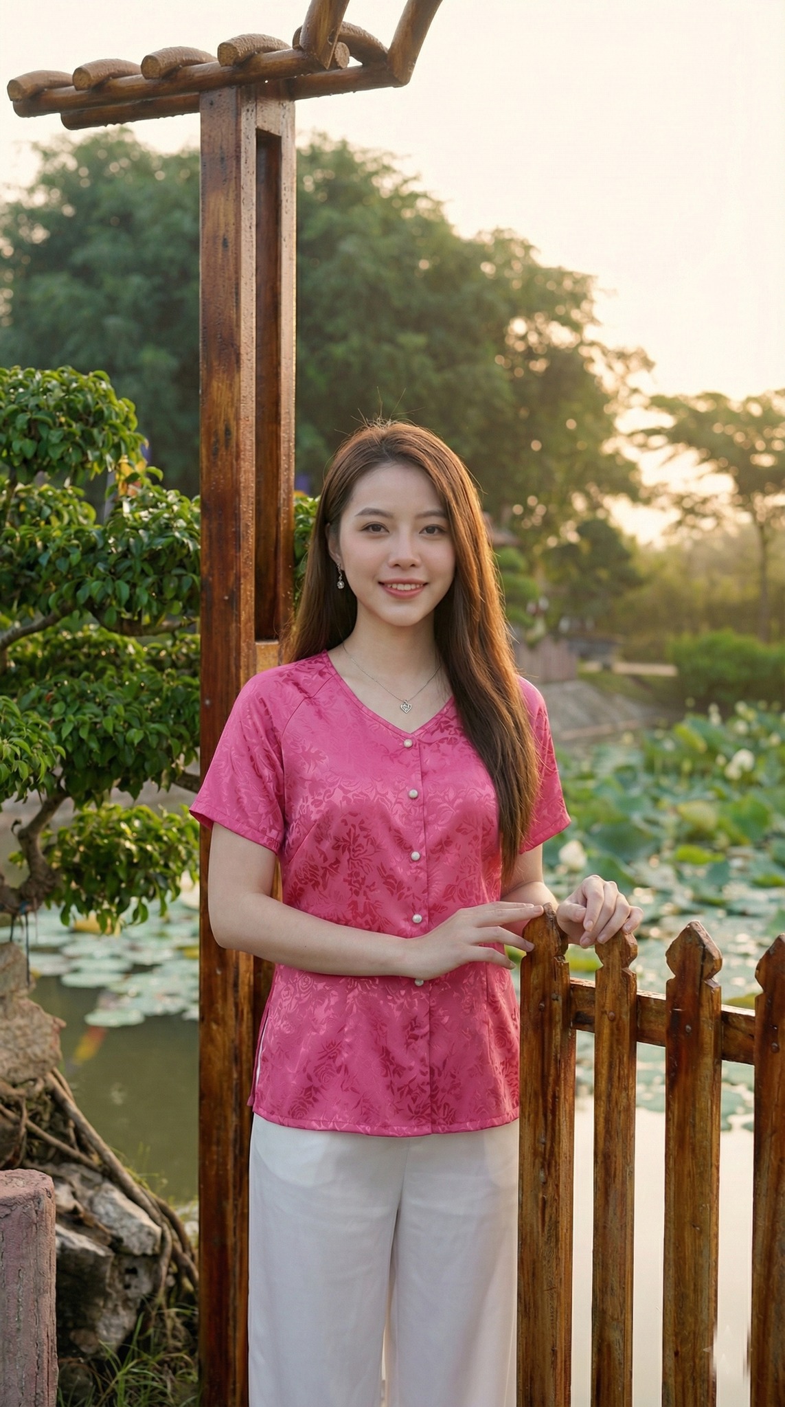 Trang phục bà ba lụa hồng duyên dáng