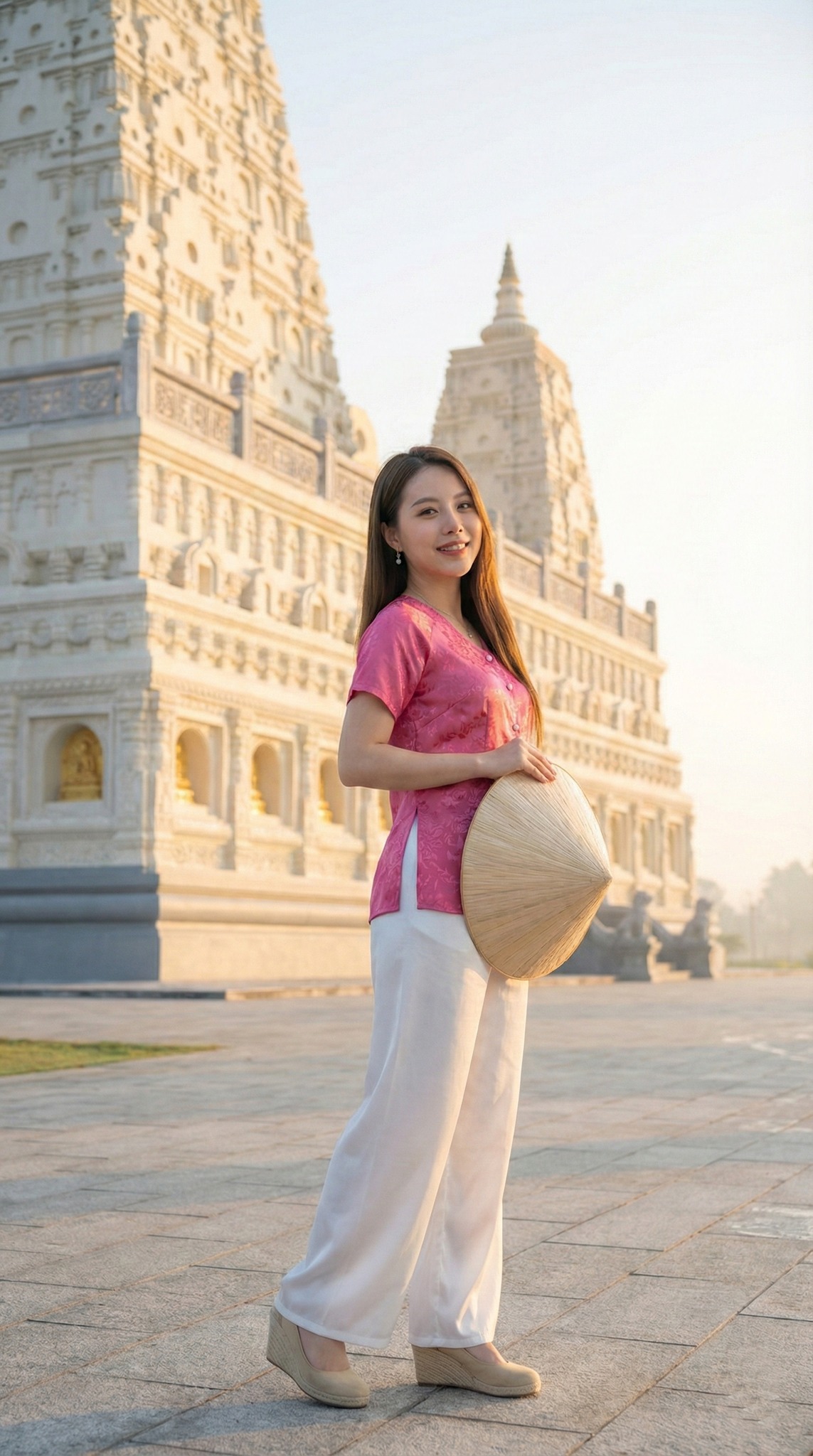 Tạo dáng với nón lá trước tháp trắng