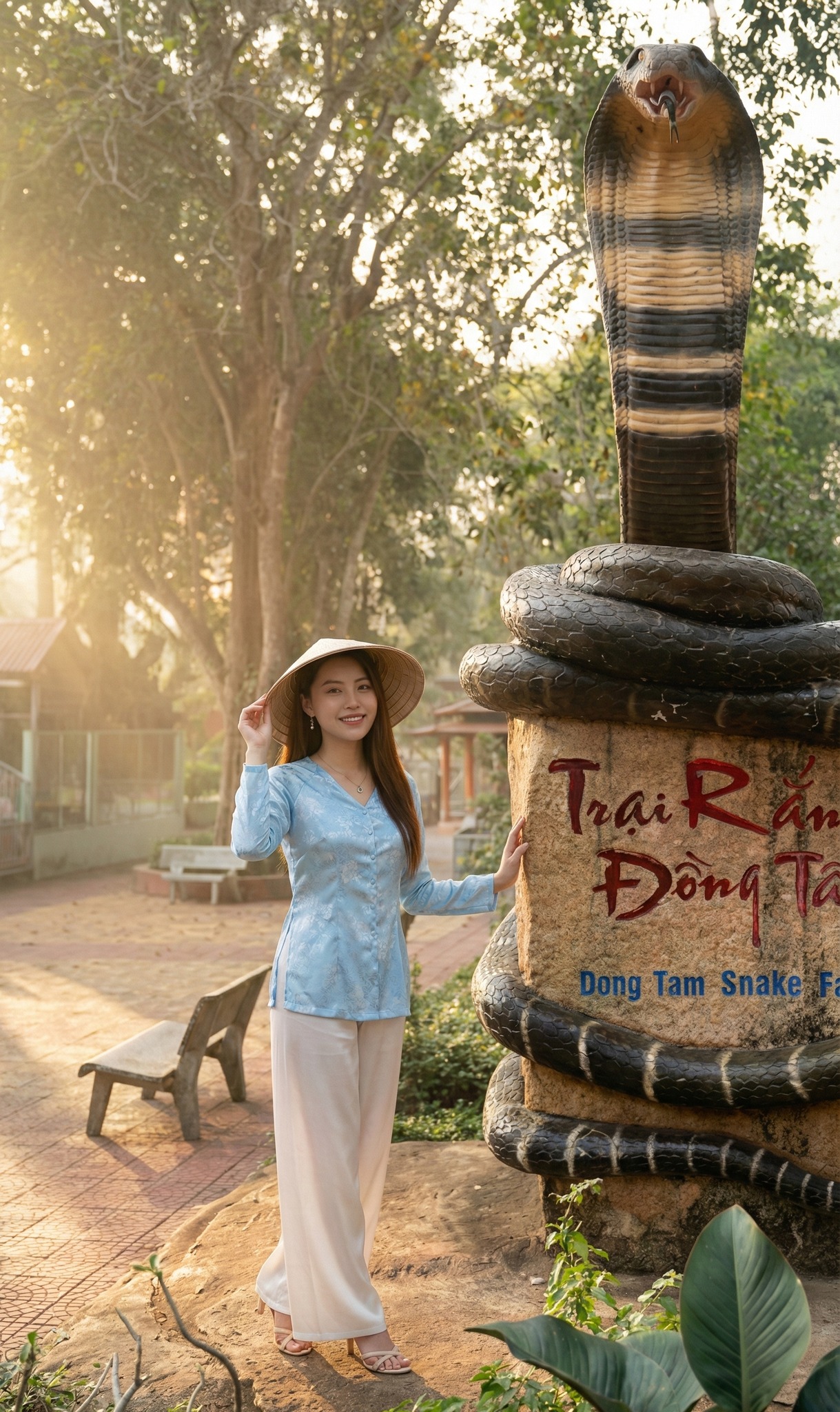 Check-in cổng chào Trại Rắn Đồng Tâm Tiền Giang với áo bà ba