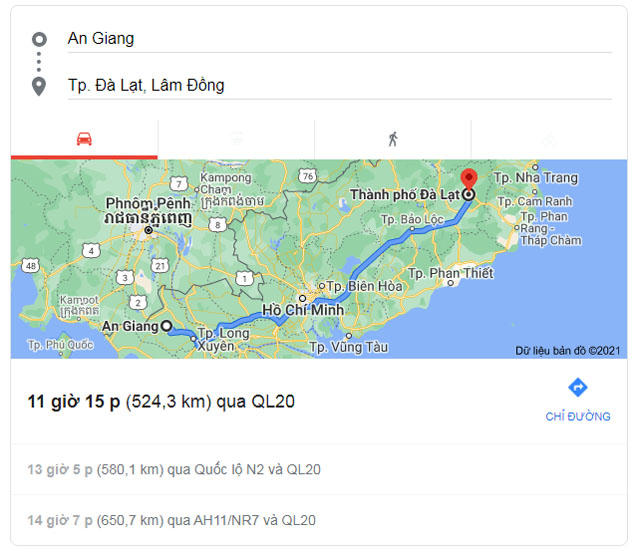 Từ An Giang đi Đà Lạt Lâm Đồng bao nhiêu km