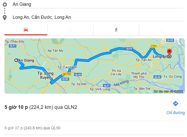 Từ An Giang đi Bến Lức, Tân An Long An bao nhiêu km