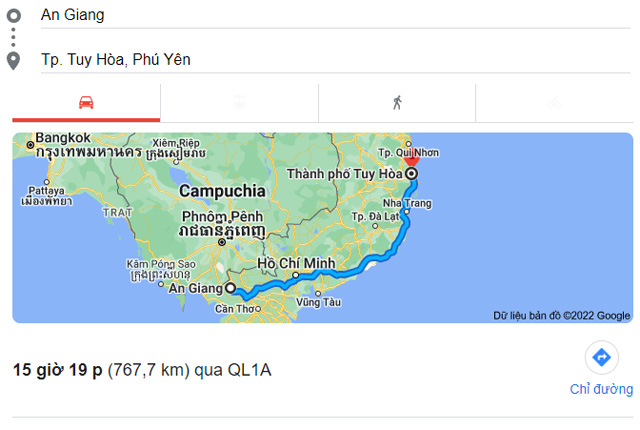 Từ An Giang đi Tuy Hòa Phú Yên bao nhiêu km