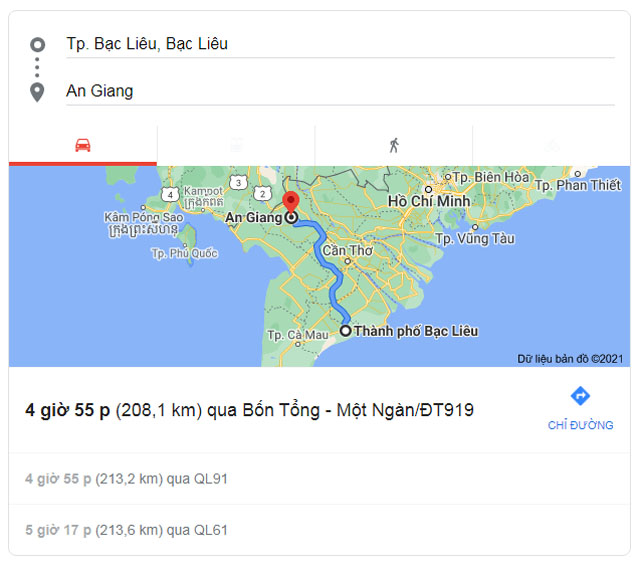 Từ Bạc Liêu đi Châu Đốc An Giang bao nhiêu km