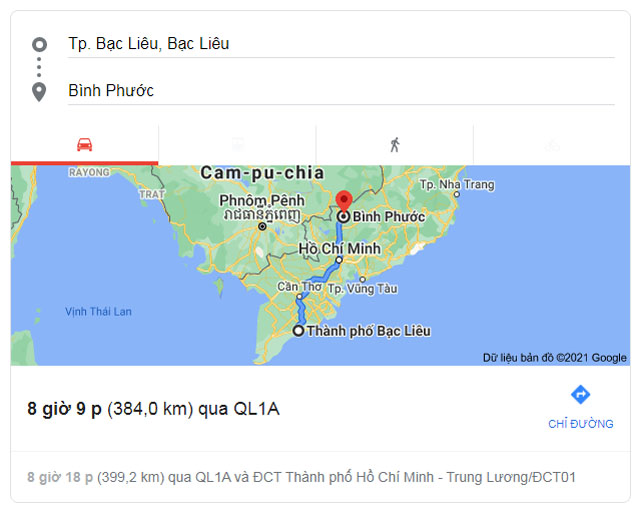 Từ Bạc Liêu đi Chơn Thành, Đồng Xoài Bình Phước bao nhiêu km