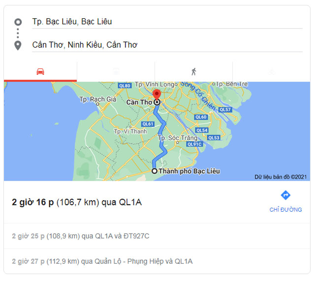 Từ Bạc Liêu đi Cần Thơ bao nhiêu km