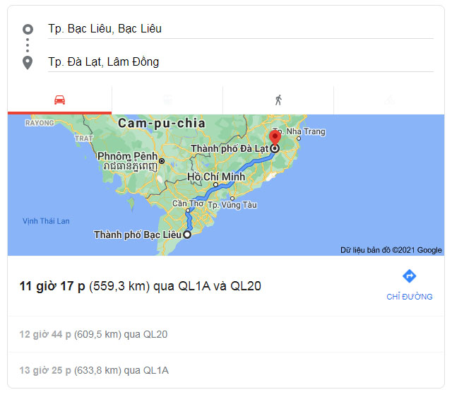 Từ Bạc Liêu đi Đà Lạt Lâm Đồng bao nhiêu km