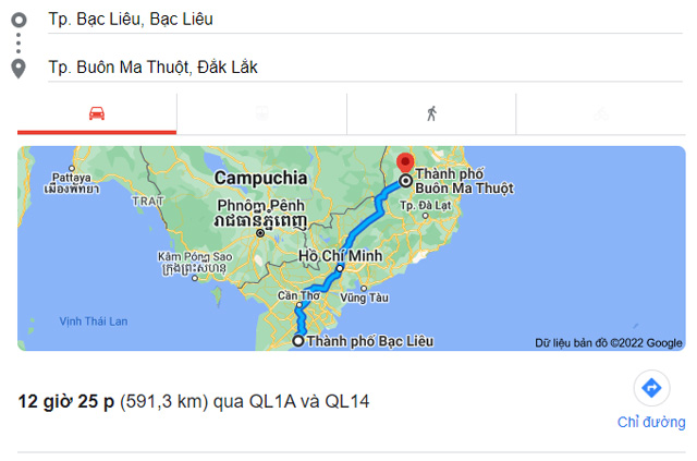 Từ Bạc Liêu đi Buôn Ma Thuột Đắk Lắk bao nhiêu km