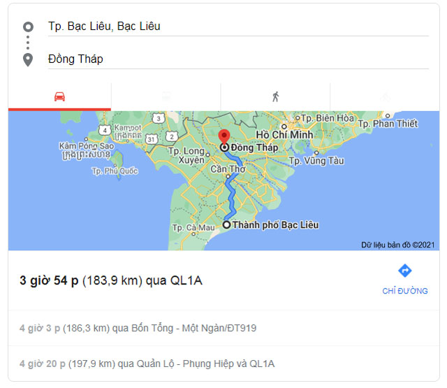 Từ Bạc Liêu đi Cao Lãnh Đồng Tháp bao nhiêu km