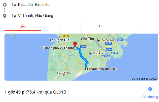 Từ Bạc Liêu đi Vị Thanh Hậu Giang bao nhiêu km