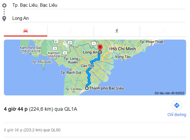 Từ Bạc Liêu đi Bến Lức, Tân An Long An bao nhiêu km