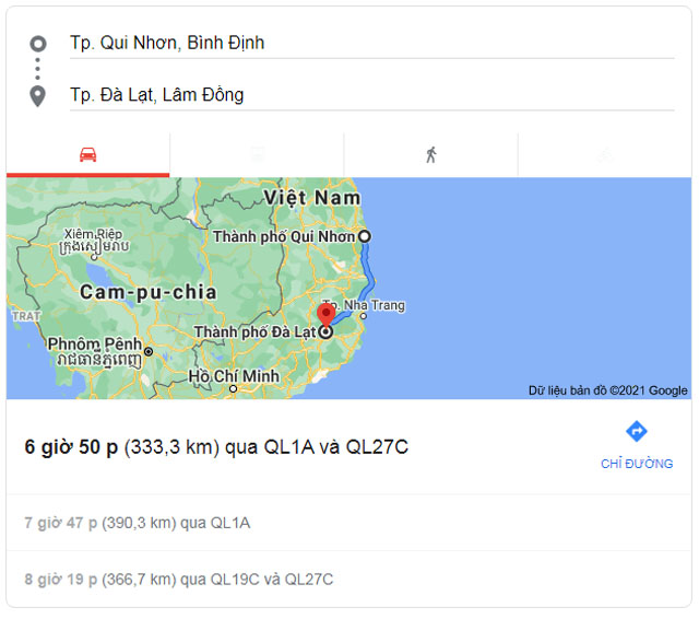 Từ Bình Định đi Đà Lạt, Bảo Lộc Lâm Đồng bao nhiêu km