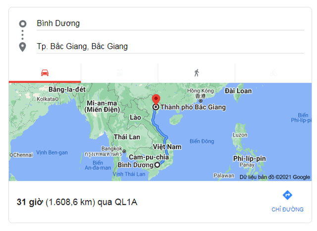 Từ Bình Dương đi Bắc Giang bao nhiêu km