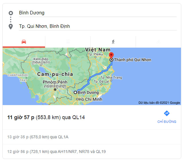 Từ Bình Dương đi Quy Nhơn Bình Định bao nhiêu km