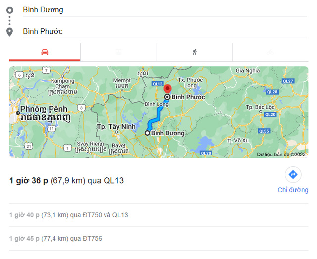 Từ Bình Dương đi Bình Phước bao nhiêu km