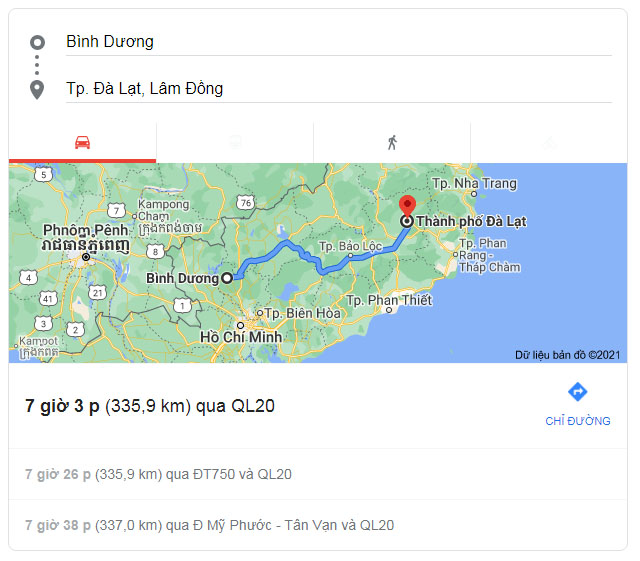 Từ Bình Dương đi Đà Lạt, Bảo Lộc Lâm Đồng bao nhiêu km