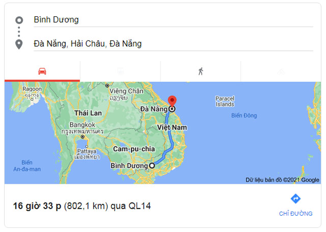 Từ Bình Dương đi Hải Châu, Cẩm Lệ Đà Nẵng bao nhiêu km