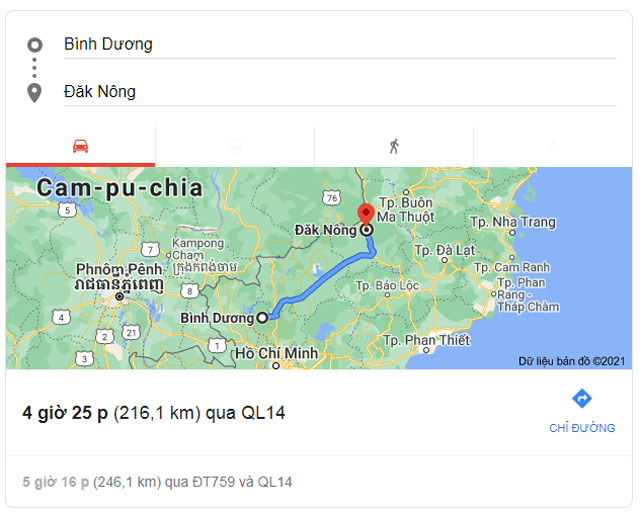 Từ Bình Dương đi Gia Nghĩa Đắk Nông bao nhiêu km