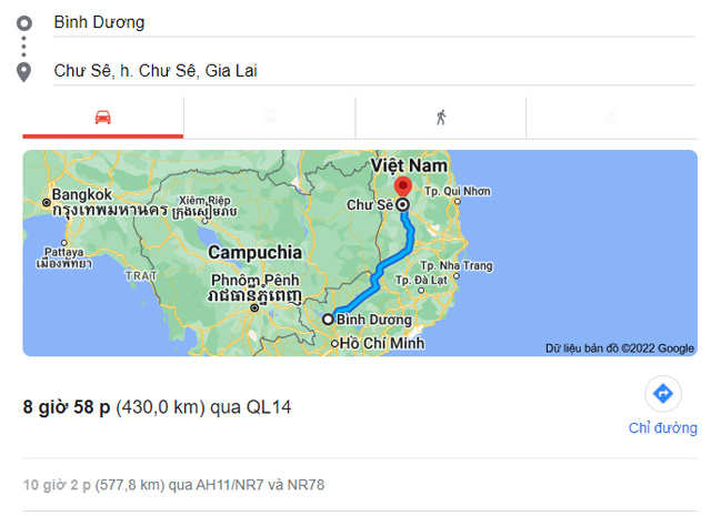 Từ Bình Dương đi Pleiku, An Khê, Chư Sê Gia Lai bao nhiêu km