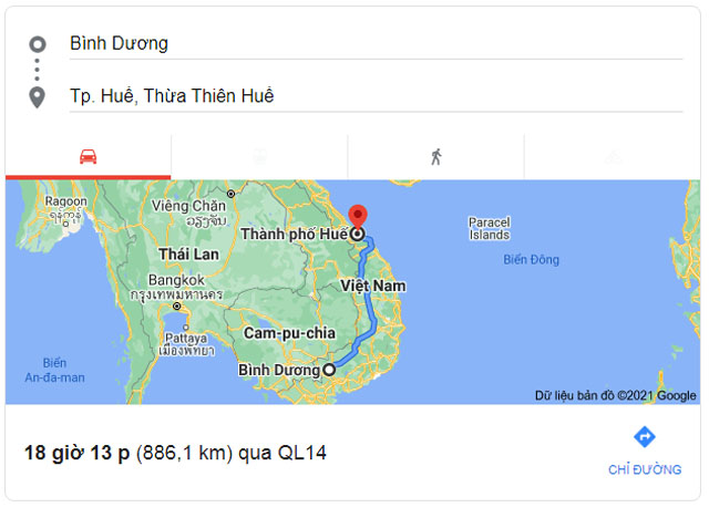Từ Bình Dương đi Thừa Thiên Huế bao nhiêu km