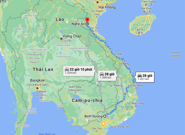 Từ Bình Dương đi Vinh Nghệ An bao nhiêu km
