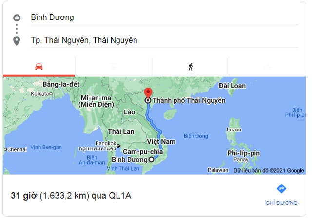 Từ Bình Dương đi Thái Nguyên bao nhiêu km