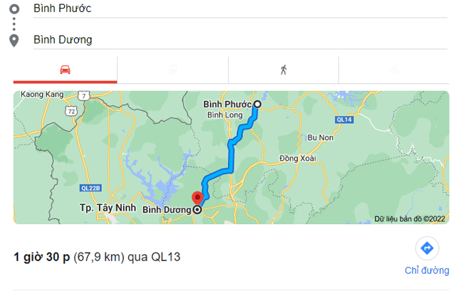Từ Bình Phước đi Bến Cát, Tân Uyên Bình Dương bao nhiêu km
