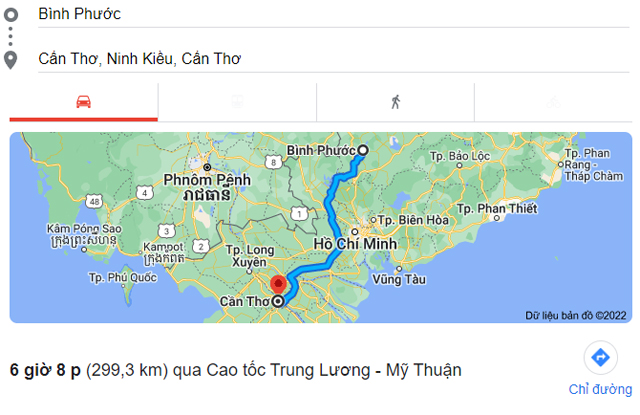 Từ Bình Phước đi Cần Thơ bao nhiêu km