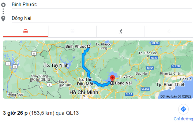 Từ Bình Phước đi Biên Hòa, Long Khánh Đồng Nai bao nhiêu km