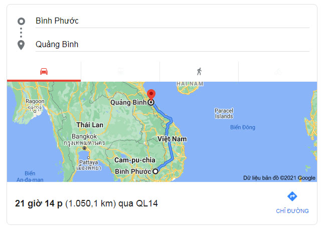 Từ Bình Phước đi Quảng Bình bao nhiêu km