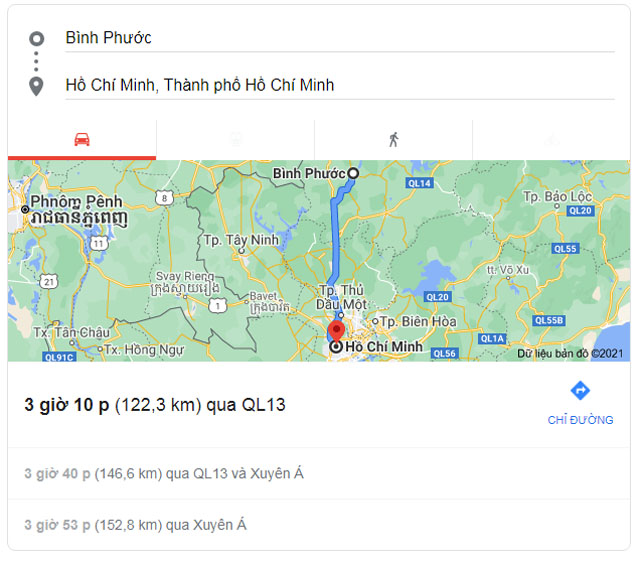 Từ Bình Phước đi Sài Gòn TPHCM bao nhiêu km