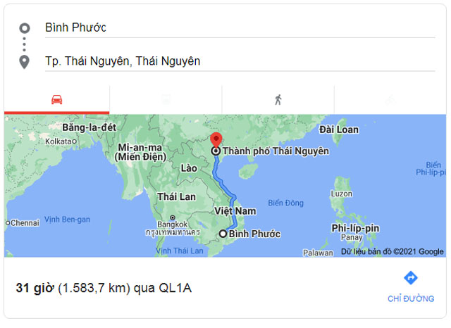 Từ Bình Phước đi Thái Nguyên bao nhiêu km