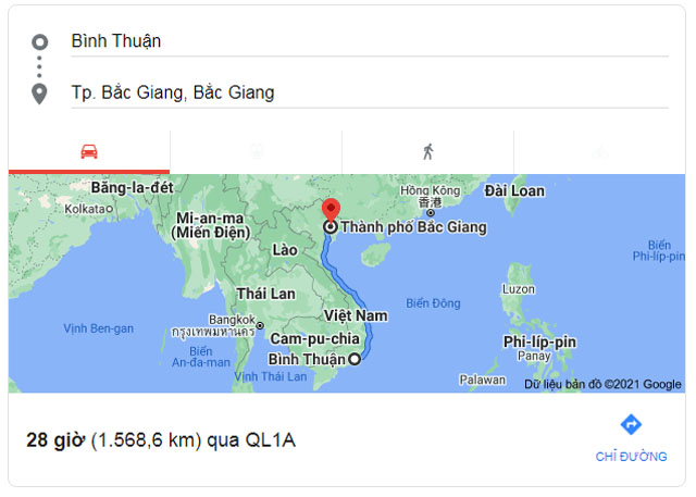 Từ Bình Thuận đi Bắc Giang bao nhiêu km